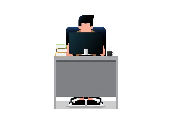 在白底电脑上工作的男职员 坐在办公桌前的商务人士 商人坐在写字台后面的一张黑色椅子上 矢量说明 — 图库矢量图片