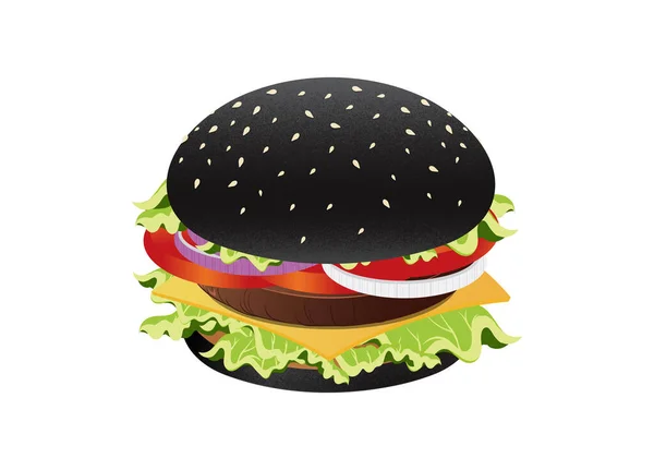 Beyaz Arka Planda Siyah Hamburger Siyah Çörek Pirzola Peynir Domates — Stok Vektör