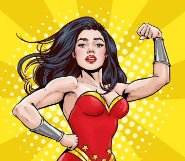 Pop Art süper kahraman kadın. Kız elektrik reklam afişi. Komedyen kadın pazılarını gösteriyor. Başarabiliriz. Süperkadın