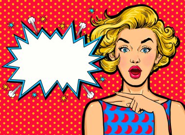 Pop Art kadın sürpriz gösteren ürün. Güzel kız balonu üzerinde işaret eden kıvırcık saçlı. Ürün sunmak. Etkileyici yüz ifadeleri