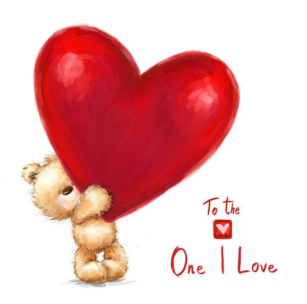Teddy bear with the big red heart isolated on white background. St. Valentines day greeting card. Love illustration design.Romantic confession  sketch