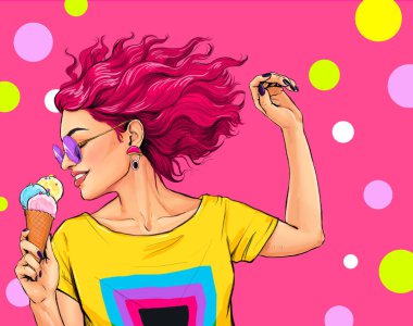 Kıvırcık saçlı mutlu bir kadın iştahlı lezzetli dondurmalar yer, yaz boyunca üşür. Reklam afişi ya da parti davetiyesi, komik tarzda seksi bir kızla..