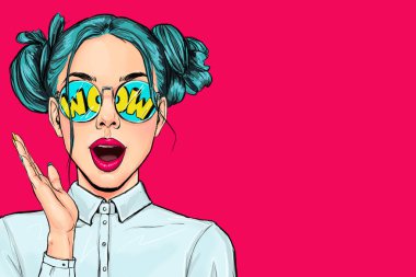 Surprised amased young attractive happy Pop Art woman in glasses . Advertising poster or party invitation with sexy  girl  in comic style.