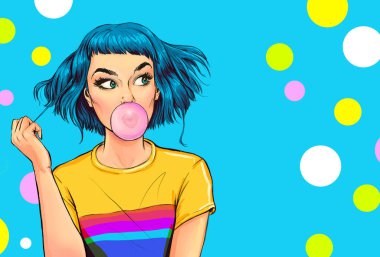 Fashionable girl with a stylish haircut inflates a chewing gum has amazed expression. Pop Art woman. Wow woman