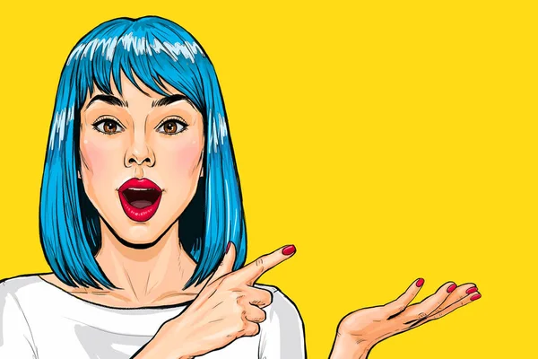 Mulher Pop Art Surpreendente Mostrando Produto Design Publicidade Menina Bonita — Fotografia de Stock