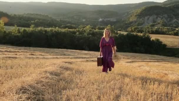 Uma menina caminha através do campo com uma mala — Vídeo de Stock