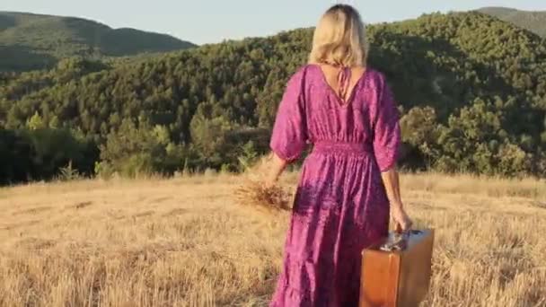 Девушка ходит по полю с чемоданом — стоковое видео
