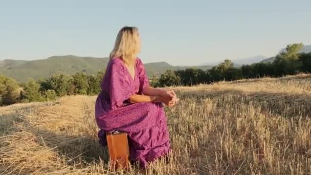 Девушка сидит на чемодане в поле — стоковое видео
