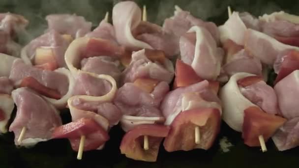 Carne Com Pimentas Espetos Frita Uma Grelha Elétrica — Vídeo de Stock
