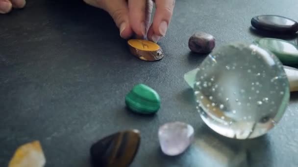 Homemade Wooden Runes Womens Hands — Stok video