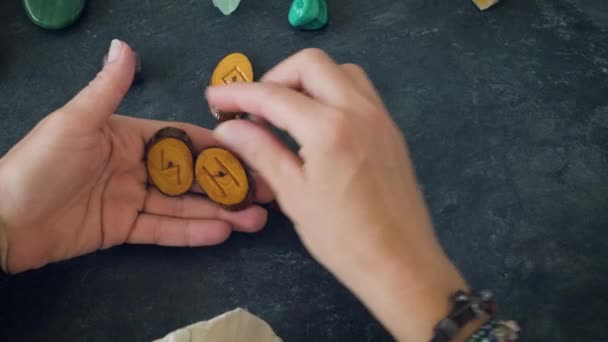 Homemade Wooden Runes Womens Hands — Stok video