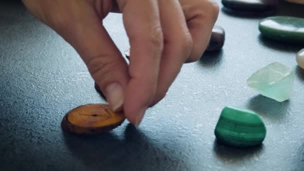 Homemade Wooden Runes Womens Hands — Stockvideo