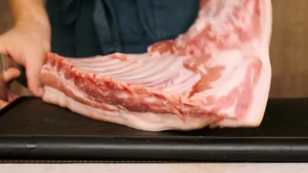 Pork Ribs Cut Wooden Board Mens Hands — Wideo stockowe
