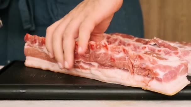Pork Ribs Cut Wooden Board Mens Hands — Wideo stockowe