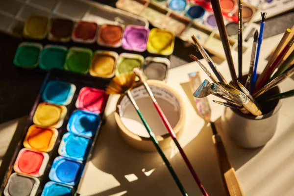 Watercolor Paints Laid Out Table Sunlight — Stockfoto