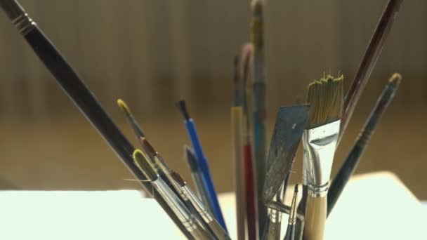 Beautiful Lighting Table Watercolor Paints Various Brushes Paper — Video
