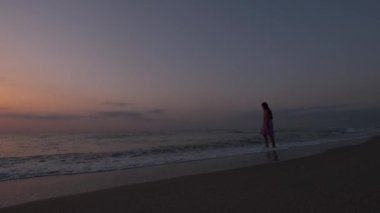 a girl with long hair walks on the beach at dawn