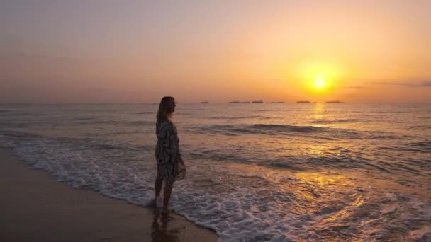 Girl Long Hair Walks Beach Dawn — Vídeo de stock