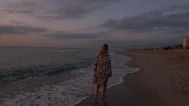 Ένα Κορίτσι Μακριά Μαλλιά Περπατά Στην Παραλία Την Αυγή — Αρχείο Βίντεο
