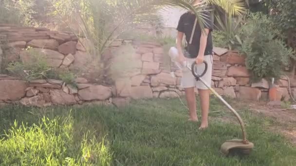 Ένα Αγόρι Ηλεκτρικό Χλοοκοπτικό Στον Κήπο Κουρεύει Τον Κήπο Γρασίδι — Αρχείο Βίντεο