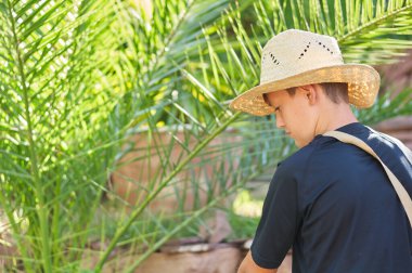 Elektrikli tırpanlı bir çocuk bahçede çimleri kesiyor.