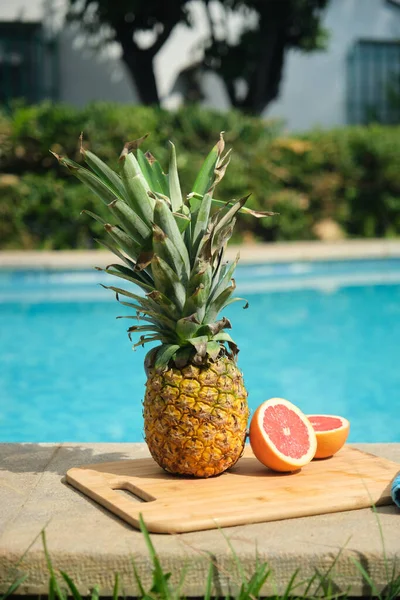 Ainda Vida Suculenta Abacaxi Toranja Uma Bandeja Borda Piscina — Fotografia de Stock