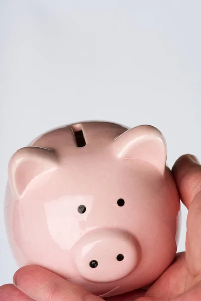 Malacka bank rózsaszín kezében egy fehér háttér. Közel.. — Stock Fotó