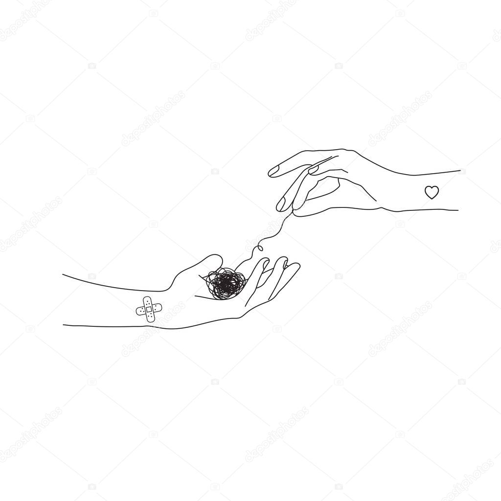 Mental health illustration with line ball and hands. Psychotherapy. Psychology support. Need help