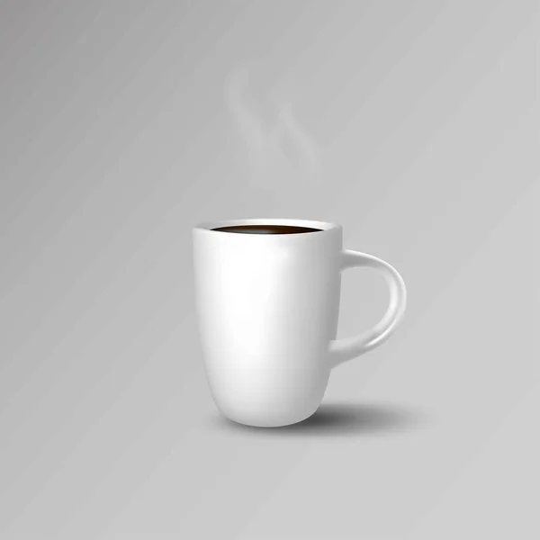 Белый Реалистичный Чашка Кофе Дымом Изолированы Сером Фоне Время Кофе — стоковый вектор
