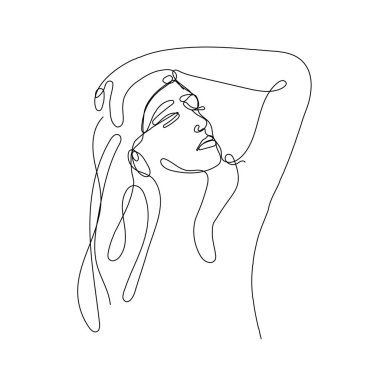 Çizgi portresi. Tek sıra kadın yüzü. Moda illüstrasyonu.