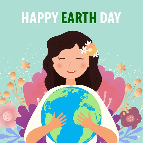 Frau Mit Blumen Und Globus Happy Earth Day Banner Mit — Stockvektor