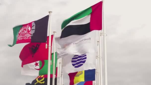 Dubai Emirados Árabes Unidos 2022 Filmagem Das Bandeiras Diferentes Países — Vídeo de Stock
