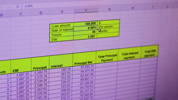 Filmagem Folha Excel Cronograma Amortização Empréstimos Bancários Quando Diferentes Valores — Vídeo de Stock