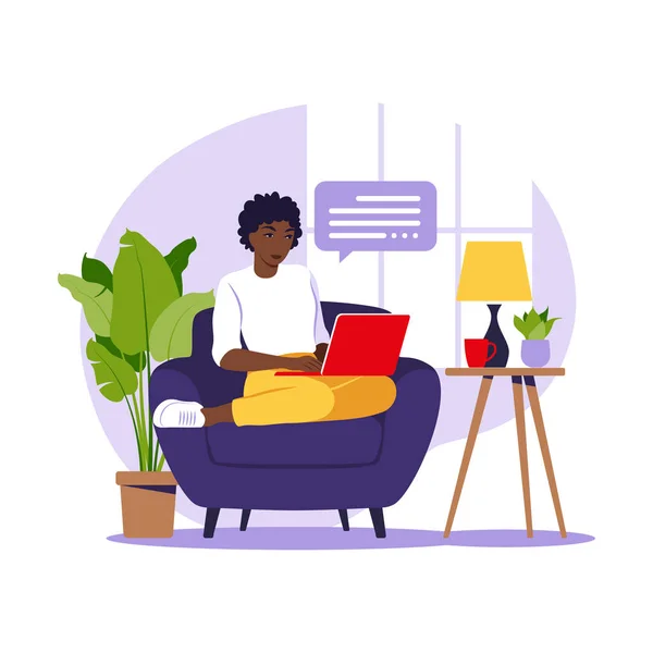 African woman sitting with laptop on armchair. Concept illustration for working, studying, education, work from home. Flat. Vector illustration. — Stock Vector