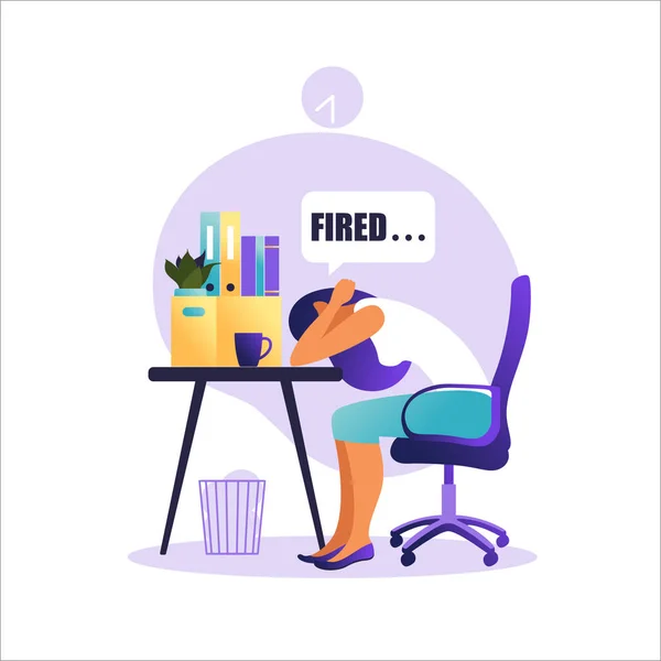 Sindrome da burnout professionale. Illustrazione con lavoratrice stanca o freelance seduta a tavola. Lavoratore frustrato, problemi di salute mentale. Illustrazione vettoriale in piano. — Vettoriale Stock