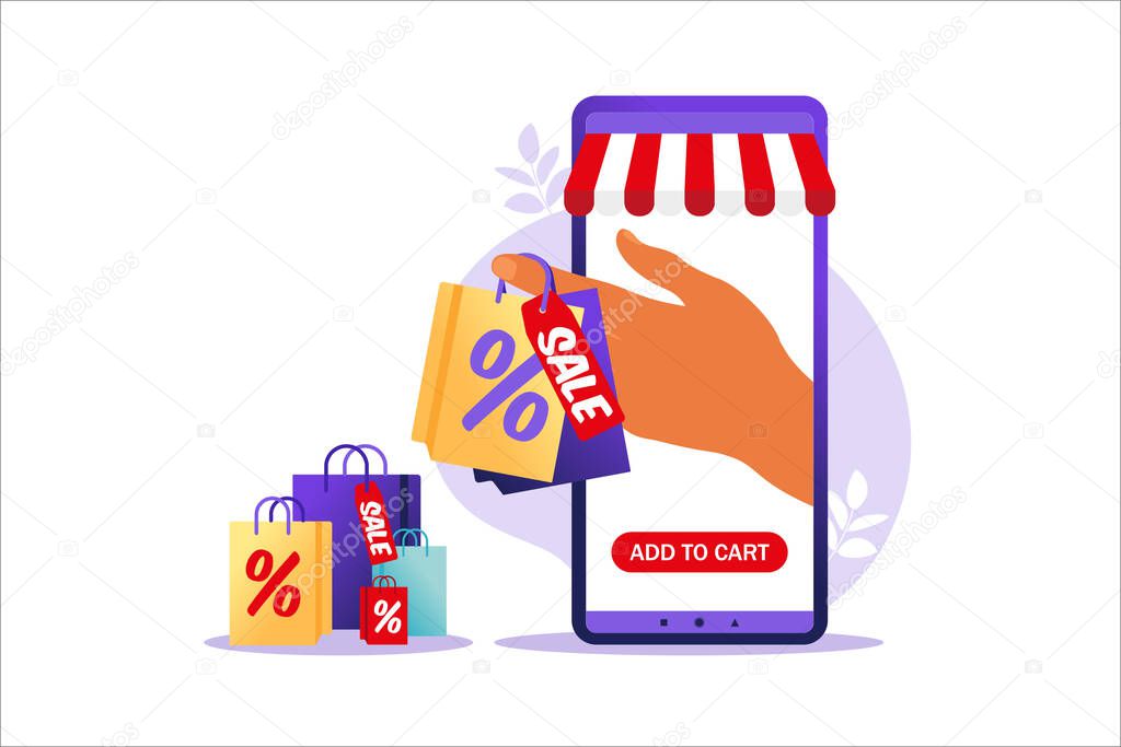 Shopping online on mobile phone. Online store payment. Bank credit cards, secure online payments. Concept of online shopping, sale, discount. Smartphone wallets, digital pay technology. Vector.