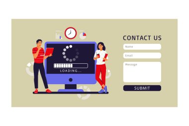 Konsepti güncelle. Programcılar bilgisayarın işletim sistemini güncelliyor. Bizimle irtibata geç. Vektör çizimi. Düz