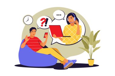 Çağrı merkezi konsepti. Müşteri yardımı, yardım hattı operatörü. Vektör çizimi. Düz