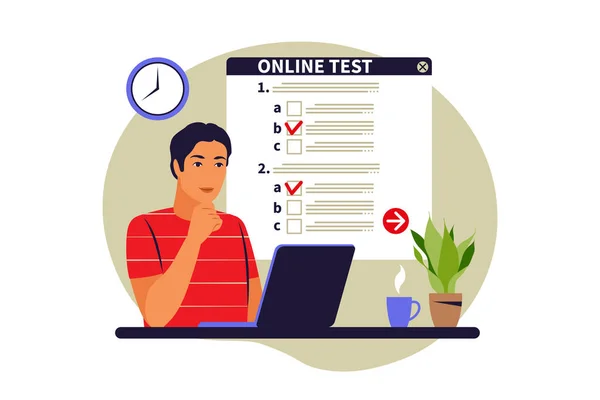 Conceito testes on-line, e-learning, exame no computador. Ilustração vetorial. Plano —  Vetores de Stock