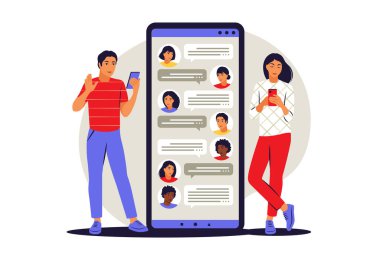 Sohbet konsepti. Çevrimiçi konuşma, konuşma, konuşma, diyalog. Cep telefonu sohbet mesajı bildirimleri. Vektör çizimi. Düz.