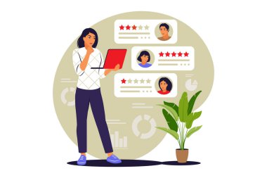 Çevrimiçi inceleme konsepti. Yıldız derecesi. Geri bildirim konsepti. Vektör çizimi. Düz.