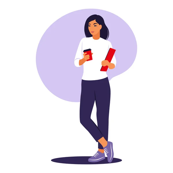 Mujer de pie con taza de café y portátil. Trabajador de oficina o concepto de trabajo remoto. Ilustración vectorial. Plano. — Archivo Imágenes Vectoriales