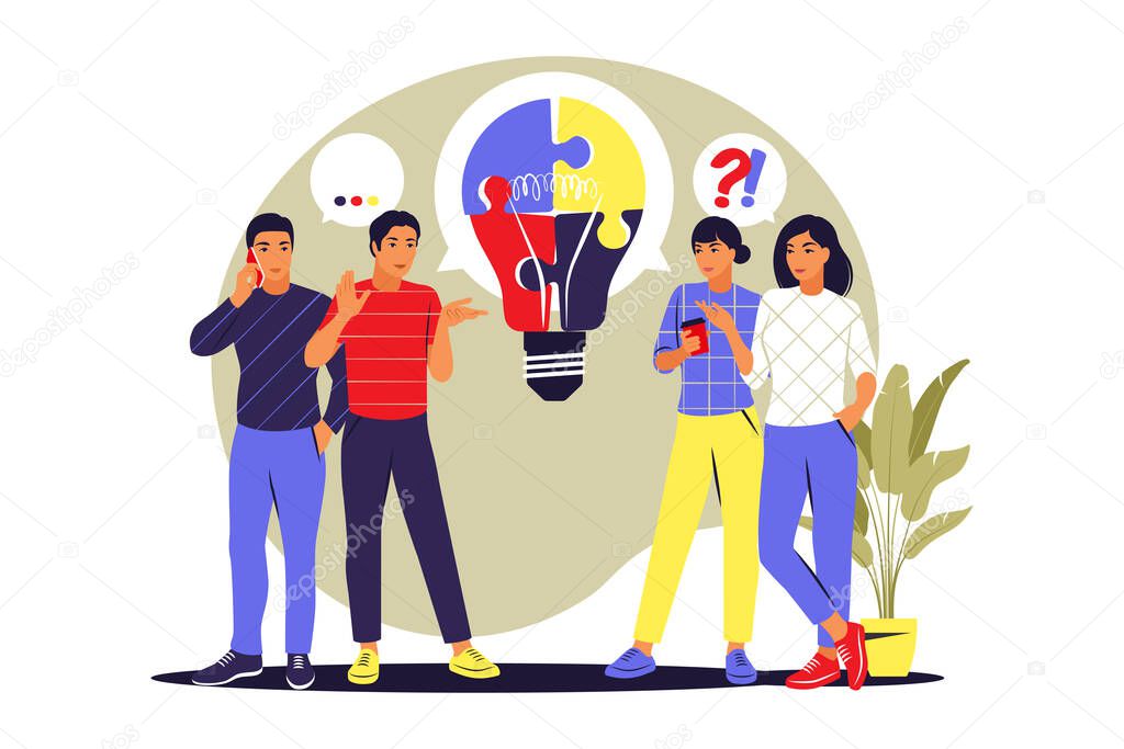 People with light bulb puzzle, business concept. Company employees sharing thoughts and ideas. Vector illustration. Flat.