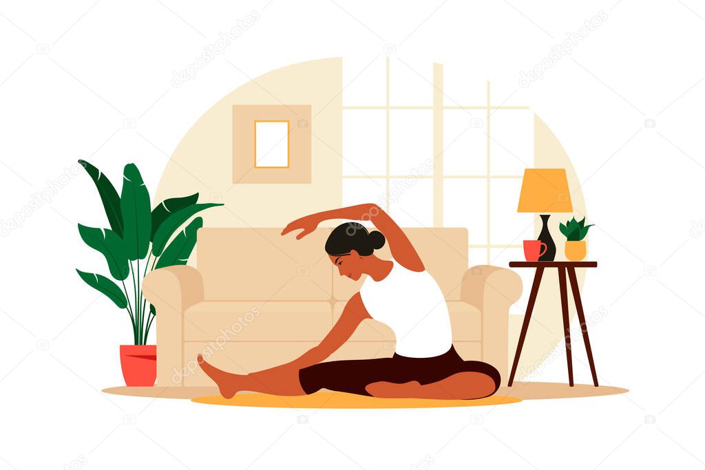 Training at home concept. Physical and spiritual practice. Vector illustration. Flat.