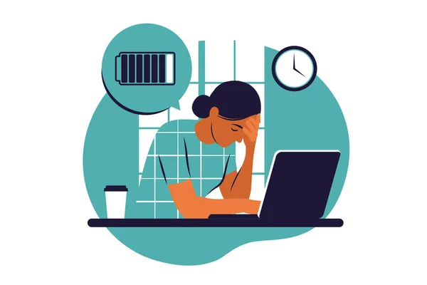 Concepto de cansancio. Síndrome de burnout profesional. Mujer gerente sentada en la oficina. Ilustración vectorial. Plano — Archivo Imágenes Vectoriales