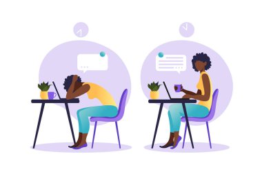 Profesyonel tükenme sendromu. Masada oturan mutlu ve yorgun Afrikalı Amerikalı kadın ofis çalışanı illüstrasyonu. Hüsrana uğramış işçiler, akıl sağlığı sorunları. Düz olarak vektör illüstrasyonu.