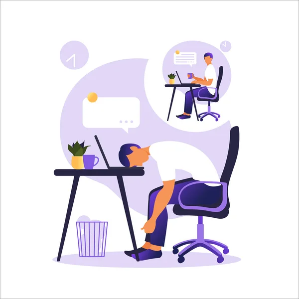 Síndrome de burnout profissional. Ilustração com um funcionário de escritório feliz e cansado sentado à mesa. Trabalhador frustrado, problemas de saúde mental. Ilustração vetorial em plano. — Vetor de Stock