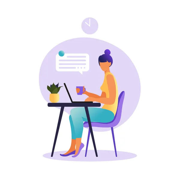 Mujer sentada en la mesa con portátil. Trabajando en una computadora. Independiente, educación en línea o concepto de redes sociales. Trabajando desde casa, trabajo remoto. Estilo plano. Ilustración vectorial. — Archivo Imágenes Vectoriales