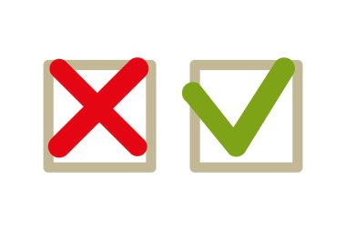 Kutularda kırmızı ve yeşil işaretler var. Vektör çizimi. Düz