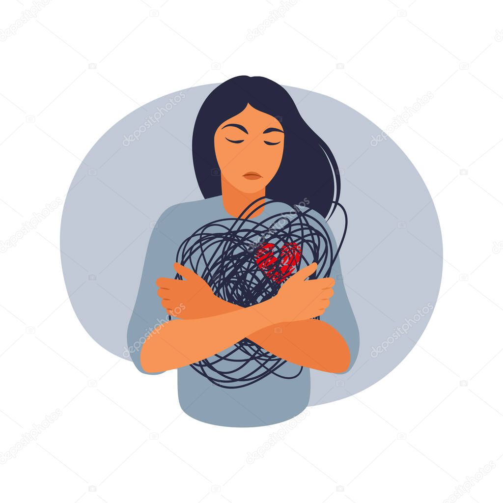 Young woman depressed. Concept of mental disorder, sorrow and anxiety. Physical and emotional violence. Vector illustration. Flat